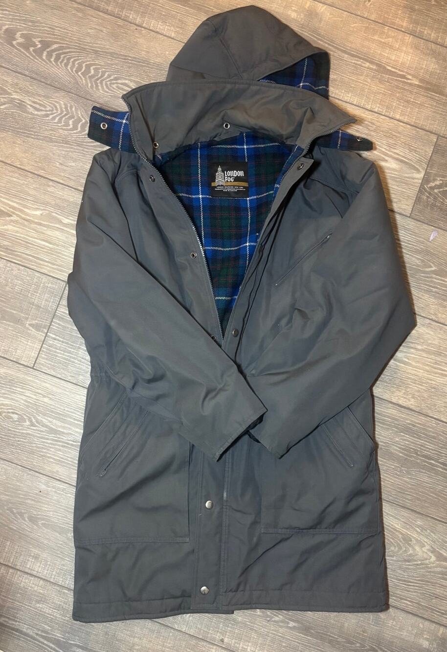 Vintage London Fog Hooded Parka Jacket Gray Blue Plaid Flannel Lined Coat